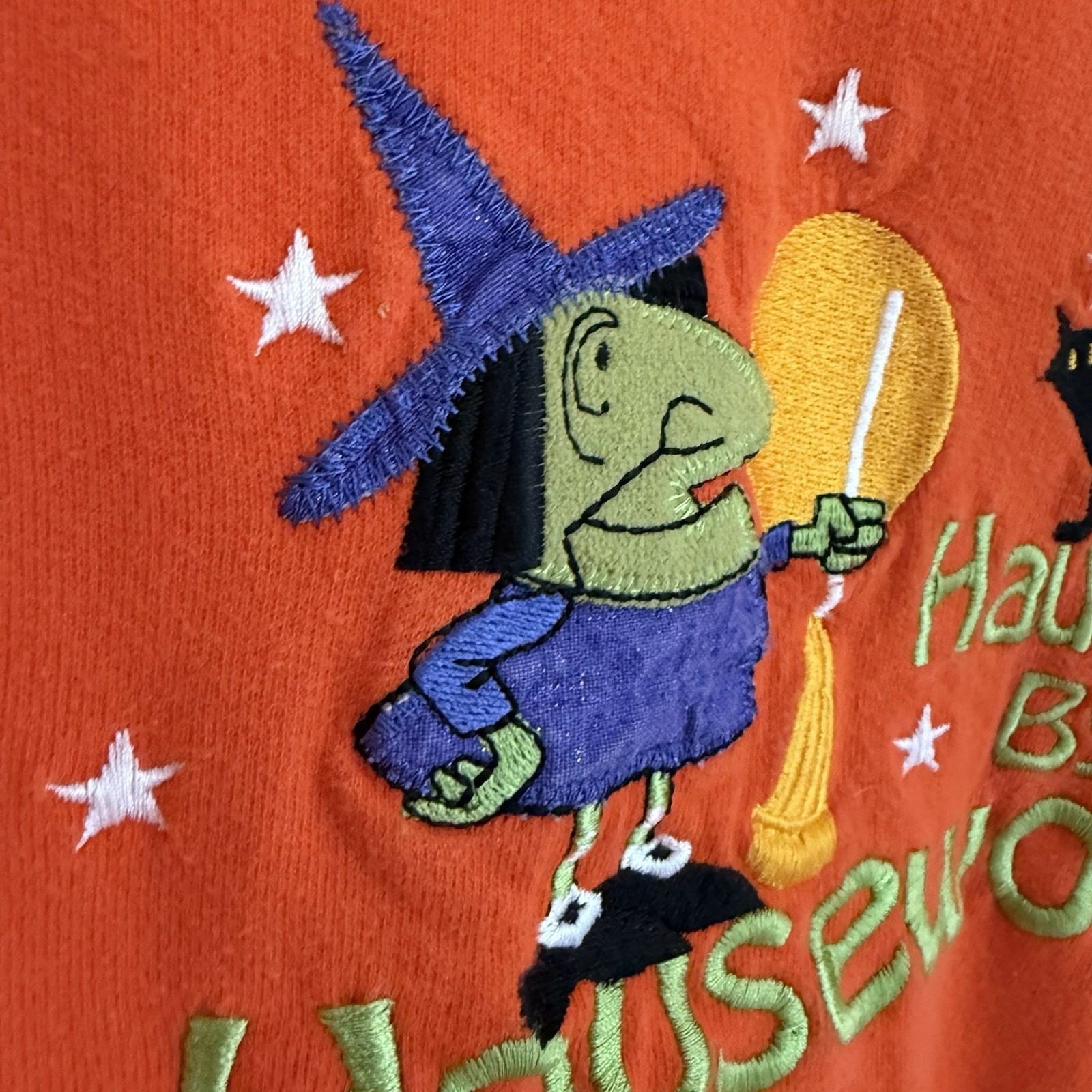 Vintage Halloween Sweatshirt Womens Orange 1 Xl Witch Black Cat Retro Stars Moon — image 5 of 7